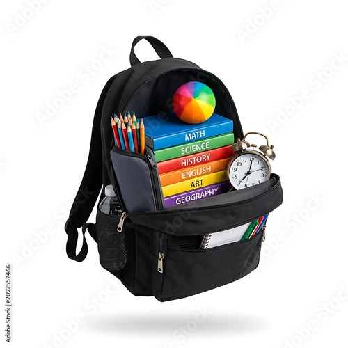 Black backpack filled with school supplies isolated on white background
