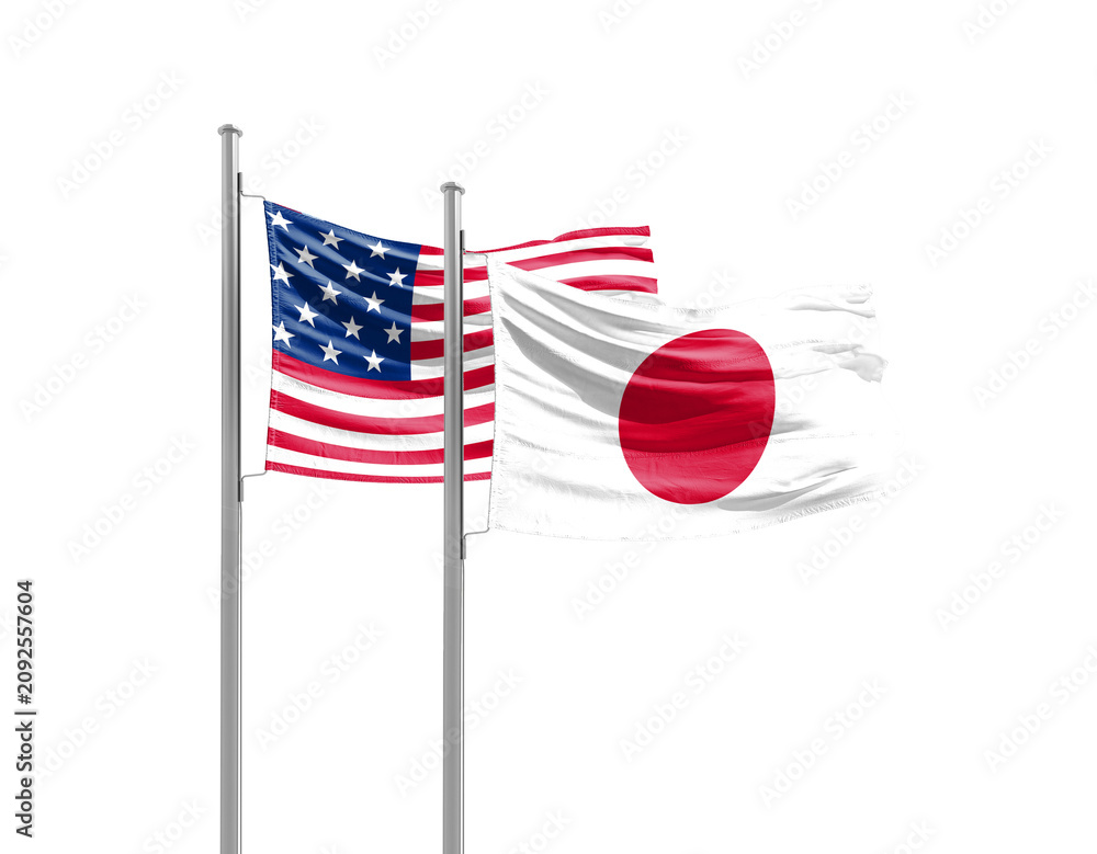 Fototapeta premium Japan and America friendship flags are waving on white background. Both flags are with Cutout Path. Japan USA national flag for commitment.