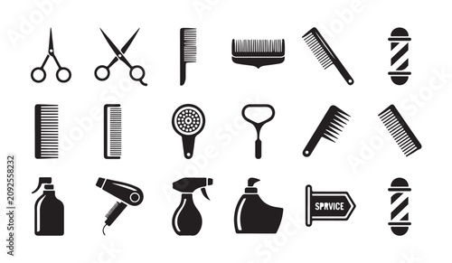 Fotografía Set of barber shop icons for hair styling salon featuring scissors combs and spray bottles