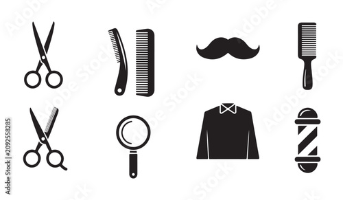 Barbershop icon set featuring hair scissors combs magnifying glass moustache and shirts.