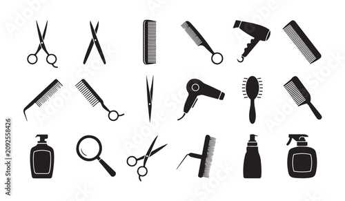 Professional hairstyling equipment set with dryers combs scissors bottles and hair brushes.