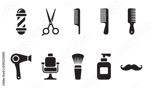 Foto Barber shop icon set featuring hair styling tools salon equipment and grooming accessories