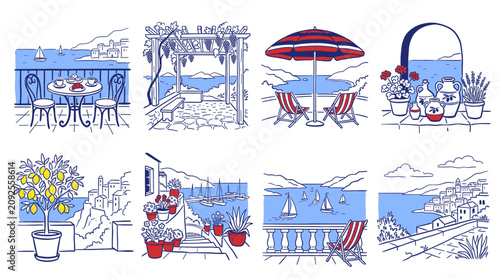 Set of Mediterranean summer coastal scenes, minimalist line art illustrations of seaside terraces and sailboats for travel branding and menu design.