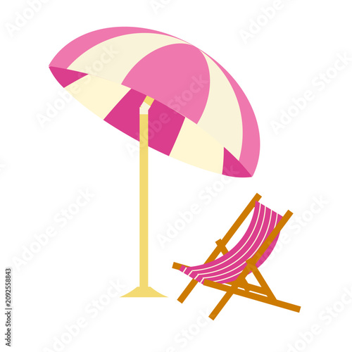 Vector set of pink striped summer beach umbrella with sun chair. Cartoon summer accessories for relaxation. Beach umbrellas for providing shade on a sunny day, a flat style set.