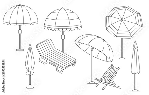 Vector set of summer beach umbrellas with sun lounger or chair. Cartoon summer accessories for relaxation. Beach umbrellas for providing shade on a sunny day, a flat style set.