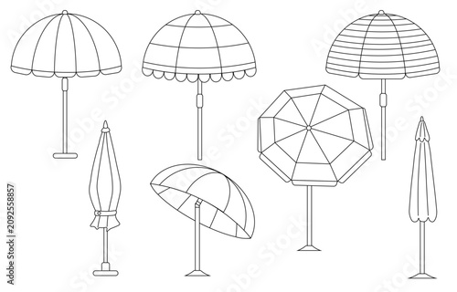 Vector set of summer beach umbrellas. Cartoon summer accessories for relaxation. Beach umbrellas for providing shade on a sunny day, a flat style set.