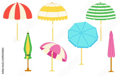 Vector set of color summer beach umbrellas. Cartoon summer accessories for relaxation. Beach umbrellas for providing shade on a sunny day, a flat style set.