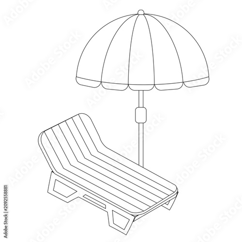Vector set of striped summer beach umbrella with sun lounger. Cartoon summer accessories for relaxation. Beach umbrellas for providing shade on a sunny day, a flat style set.