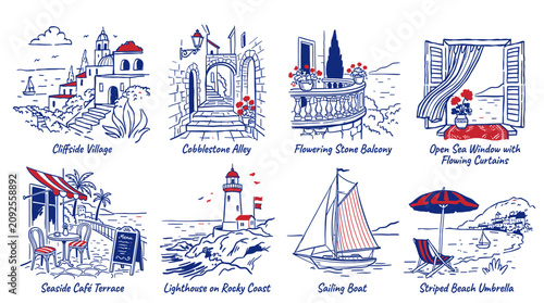 Konstfotografi Vintage Mediterranean coastal scenery set including lighthouse, sailing boat, an