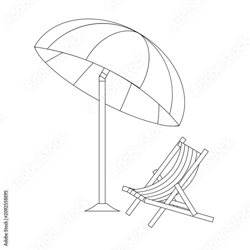Vector set of striped summer beach umbrella with sun chair. Cartoon summer accessories for relaxation. Beach umbrellas for providing shade on a sunny day, a flat style set.
