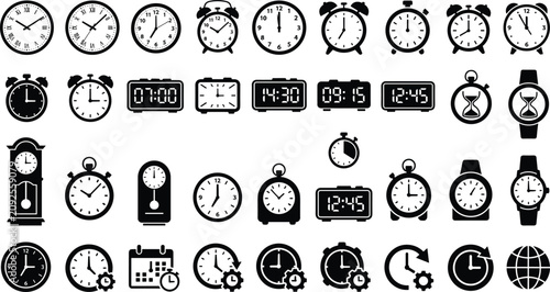 Tableau sur toile Clock and Time Management Silhouette Icons Collection with Analog and Digital Cl
