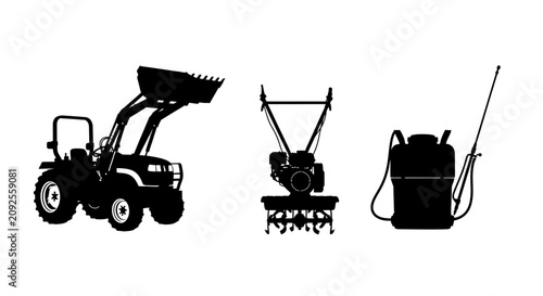Quadro su tela Silhouettes of gardening with gardening farming equipment against white backgrou