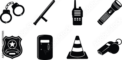 Foto Law Enforcement Equipment Silhouette Icons Set with Police Safety and Security T