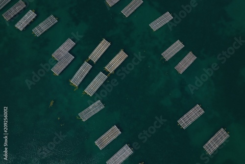 Canvas Print Aerial drone photo of oyster farming rafts on turquoise sea in Mushiake, Setouch
