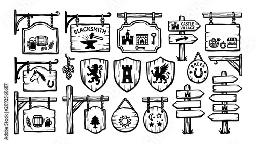 Schilderij op canvas Medieval wooden signs and heraldic shields vector set with rustic tavern signboa