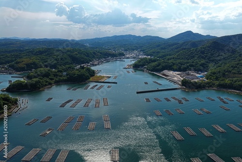 Aerial drone photo of oyster farming rafts in Mushiake Bay, Setouchi, Okayama, Japan