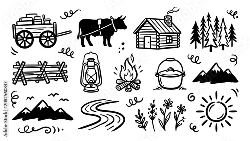 Foto Rustic pioneer and camping vector doodle icons set featuring log cabin wagon cam