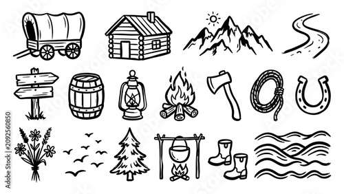 Foto Rustic outdoor adventure and wild west hand drawn vector icon set featuring log