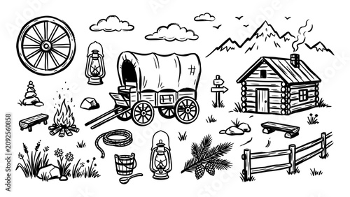 Bild auf Leinwand Wild West pioneer life vector illustration set with log cabin covered wagon camp