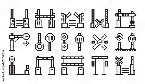 Set of pixelated traffic gates, barriers and stop signs for access control and transport.