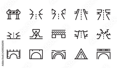 Φωτογραφία Vector line icons depicting road infrastructure damage bridges and construction obstacles