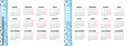 calendario 2027 y 2028 con diseño de flores
