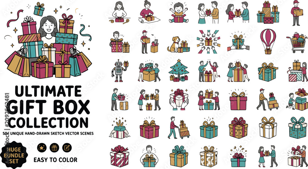 Fototapeta premium Ultimate Gift Box Collection, 50+ hand-drawn vector scenes, diverse people exchanging presents, festive holiday celebration illustrations