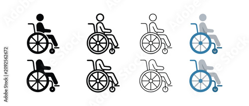 wheelchair icons in different colors and styles for accessibility and disability awareness  various silhouettes and line art designs