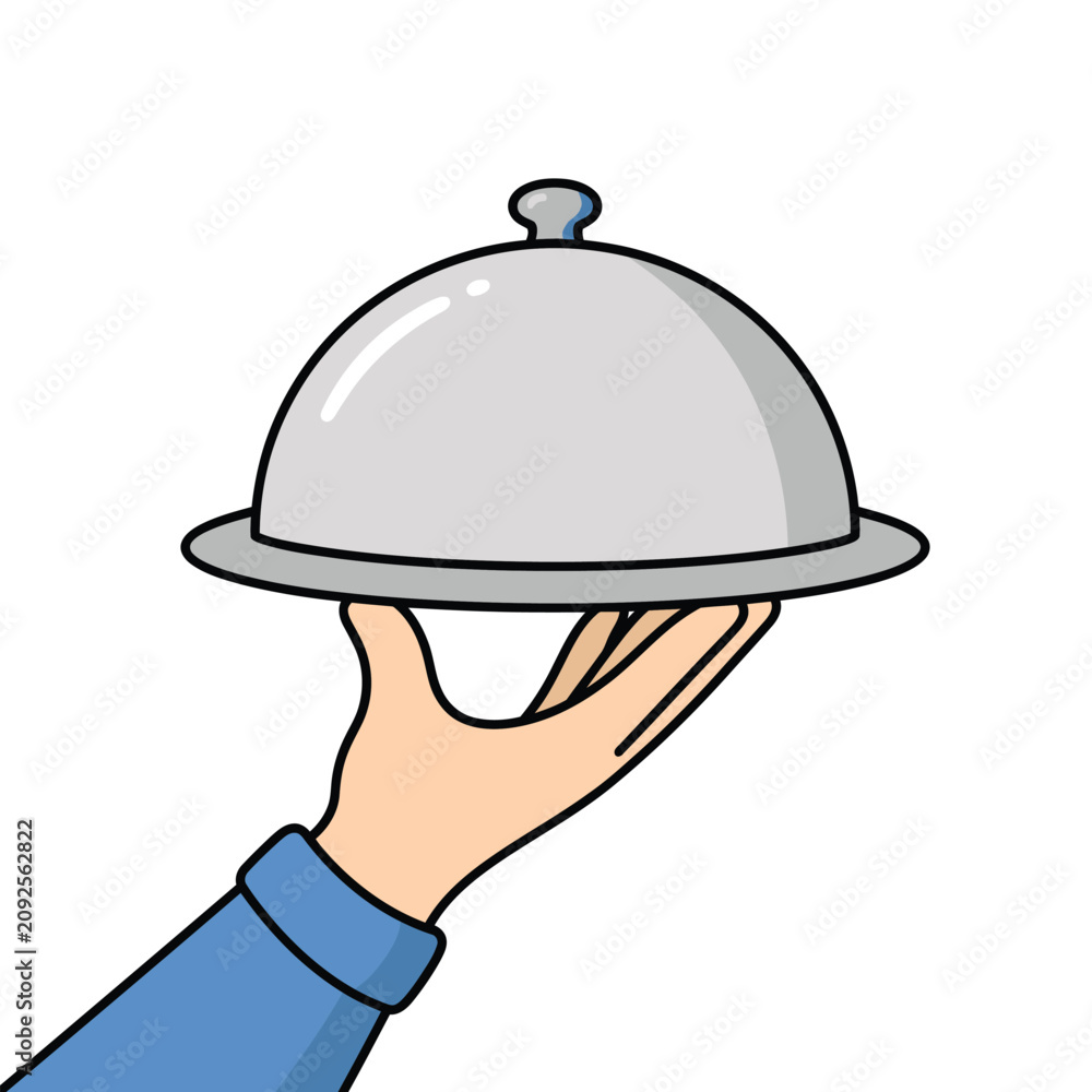 Fototapeta premium Hand holding silver dome food cover cartoon illustration