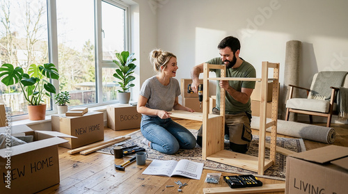 Couple building wooden furniture frame together in bright living room surrounded by moving boxes, man and woman assembling table during house relocation, DIY home setup and teamwork
