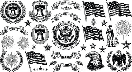 American patriotic symbols and flags with festive fireworks and eagles in a vintage etched style