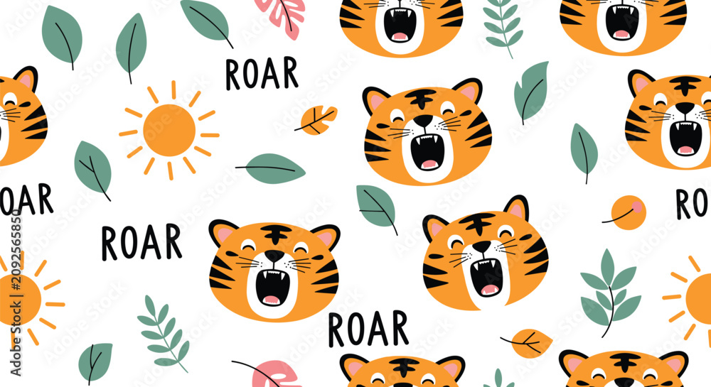 Obraz premium Seamless pattern for kids featuring roaring tiger heads golden suns and tropical leaves on a clean white background.