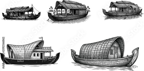 Photos Collection of traditional houseboats on water during daytime in a vintage etchin