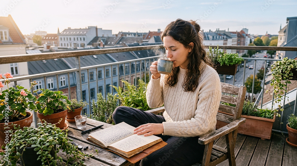 Fototapeta premium Woman drinking coffee while reading book on rooftop terrace surrounded by potted plants overlooking city buildings, relaxed person enjoying sunny morning on urban balcon