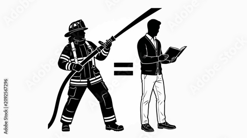 Foto A black and white silhouette of a firefighter holding a hose and a man holding a