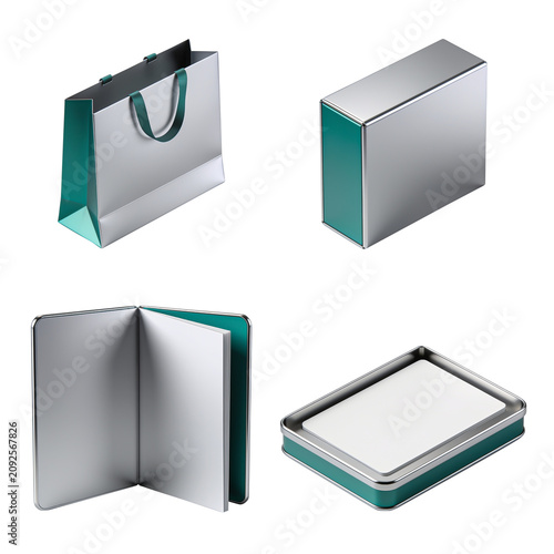3D Shopping and Branding Pack Icon Set with Bag Box Book and Case