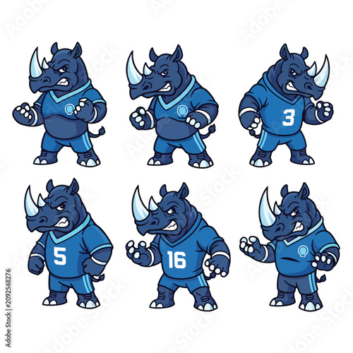 Set of cartoon rhino mascots wearing blue athletic sports jerseys.