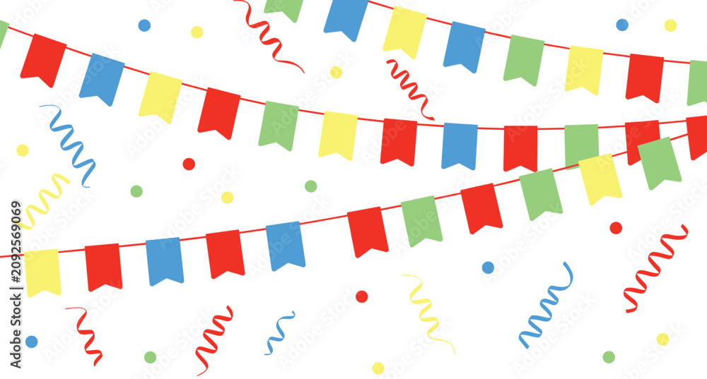 Fototapeta premium Party Bunting and Confetti: Colorful bunting flags strung across red cords, accompanied by swirling ribbons and scattered confetti, create a festive and celebratory atmosphere.