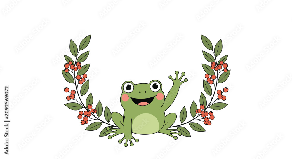 Obraz premium Happy green frog character waving with joy surrounded by a decorative wreath of berry branches and green leaves on a clean background.
