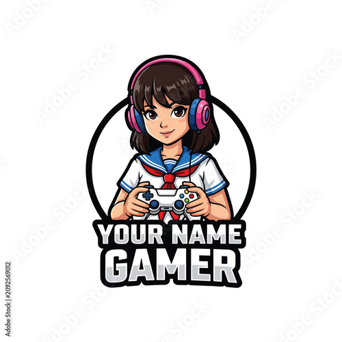 Anime girl mascot logo for gamer with controller and headset.