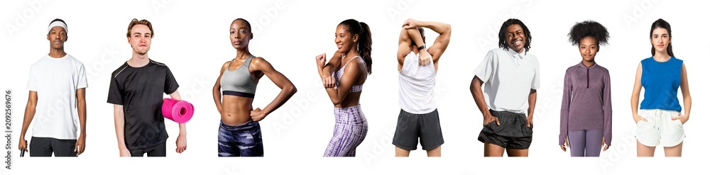 Obraz premium Diverse athletic apparel showcase element set isolated on white