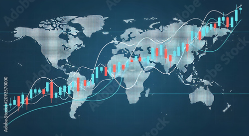 Global Financial Market Trends Represented by an Upward Stock Exchange Candle Chart Overlaying a World Map Background for Economic Analysis