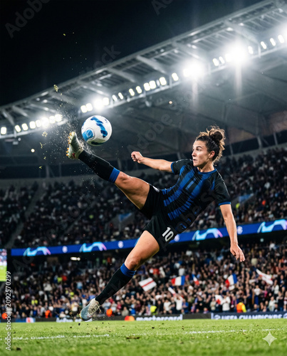 Female football player in uniform hitting ball with powerful kick in jump during night stadium match