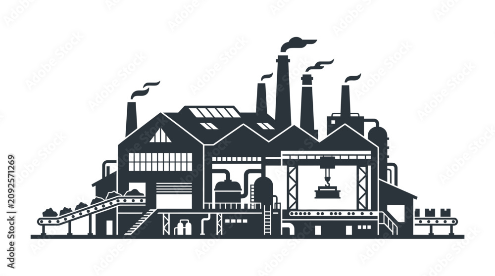 Fototapeta premium Industrial Factory Silhouette with Smokestacks and Conveyor Belts