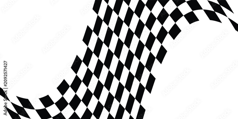 Fototapeta premium Ribbon with race flag or checkerboard pattern in diagonal arrangement. Chess game or rally sport car competition background. Slanted black and white checkered texture