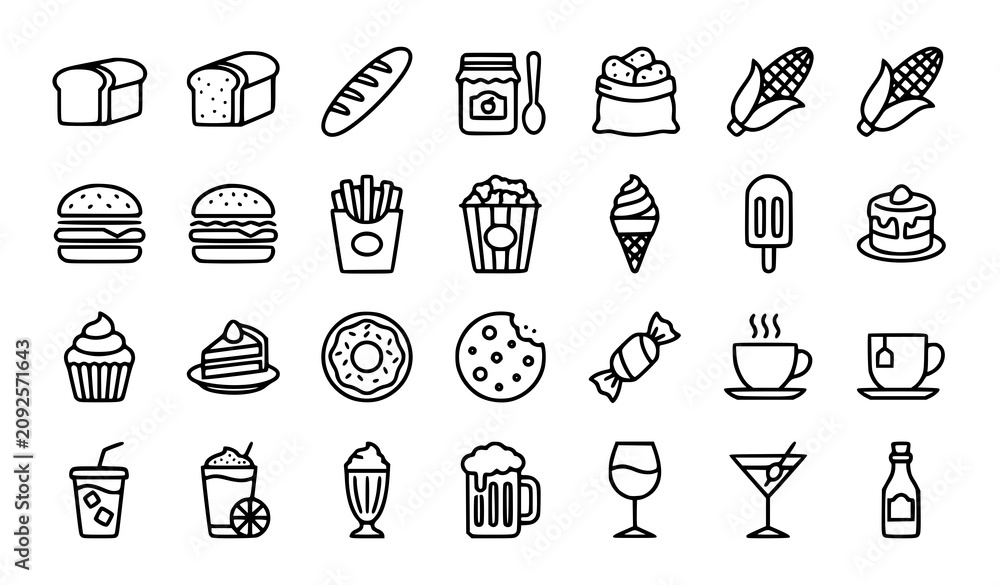 Fototapeta premium Fast Food Bakery and Beverage Icon Set Featuring Burger Fries Popcorn Ice Cream Coffee Cake and Drink Bottles in Outline Vector Style