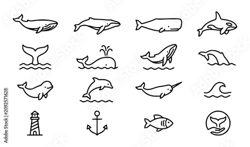 Canvastavla Whale and Marine Life Icon Set Featuring Humpback Orca Beluga Dolphin Narwhal Li