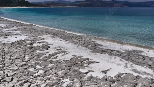 The dramatic effects of drought and receding water levels at Lake Salda; the drying stromatolite formations and the receding turquoise waters, as captured by a drone camera.