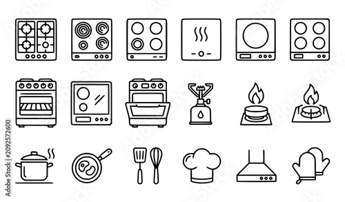 Cuadro en lienzo Kitchen Stove Oven and Cooktop Icon Set Featuring Gas Hob Induction Burner Pot P