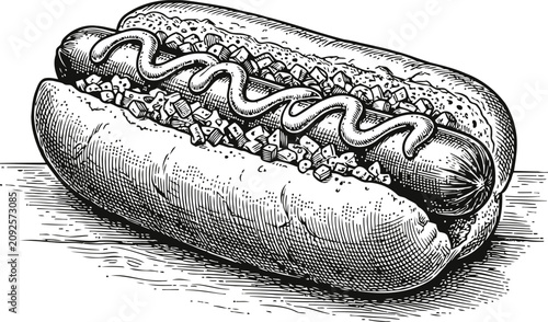 Fotografía Hot dog with mustard and relish on a bun with detailed linework texture during a